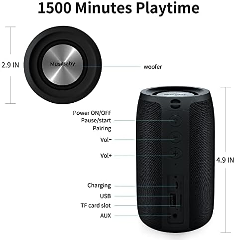Bluetooth Speakers,MusiBaby Speaker,Outdoor,Wireless,Waterproof, Portable Speaker,Dual Pairing, Bluetooth 5.0,Loud Stereo,Booming Bass,1500 Mins Playtime for Home,Party,Gifts(Black) - Image 3