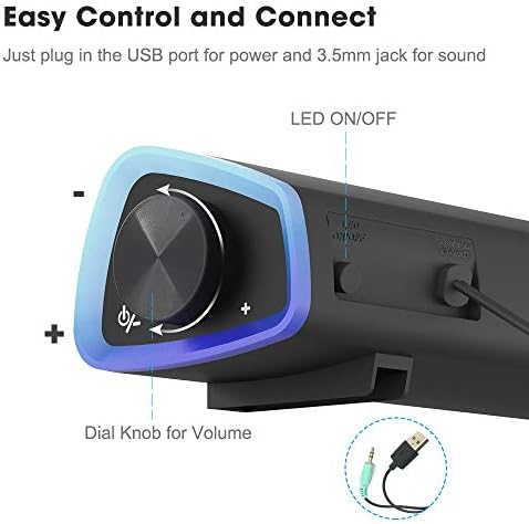 SOULION R30 Computer Speakers, USB Powered Small PC Speakers, Colorful RGB Lights with Switch Button, Surround Sound Portable Computer Sound Bar Speaker for Desktop Laptop - Image 3