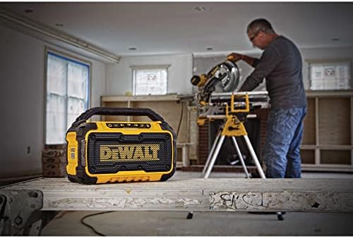DEWALT 20V MAX Bluetooth Speaker, 100 ft Range, Durable for Jobsites, Phone Holder Included, Lasts 8-10 Hours with Single Charge (DCR010), Yellow/Black - Image 9