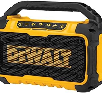 DEWALT 20V MAX Bluetooth Speaker, 100 ft Range, Durable for Jobsites, Phone Holder Included, Lasts 8-10 Hours with Single Charge (DCR010), Yellow/Black
