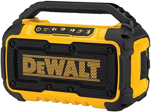 DEWALT 20V MAX Bluetooth Speaker, 100 ft Range, Durable for Jobsites, Phone Holder Included, Lasts 8-10 Hours with Single Charge (DCR010), Yellow/Black