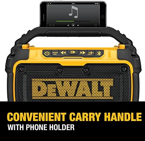 DEWALT 20V MAX Bluetooth Speaker, 100 ft Range, Durable for Jobsites, Phone Holder Included, Lasts 8-10 Hours with Single Charge (DCR010), Yellow/Black - Image 6