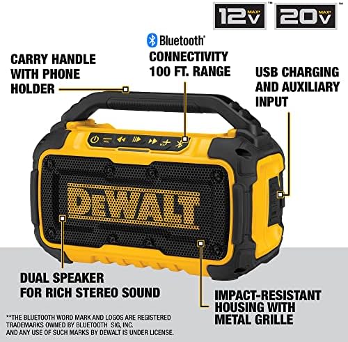 DEWALT 20V MAX Bluetooth Speaker, 100 ft Range, Durable for Jobsites, Phone Holder Included, Lasts 8-10 Hours with Single Charge (DCR010), Yellow/Black - Image 2