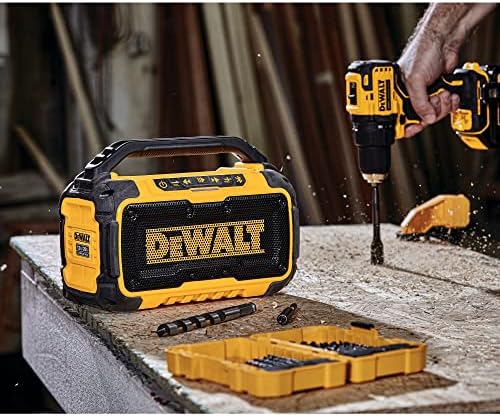 DEWALT 20V MAX Bluetooth Speaker, 100 ft Range, Durable for Jobsites, Phone Holder Included, Lasts 8-10 Hours with Single Charge (DCR010), Yellow/Black - Image 10